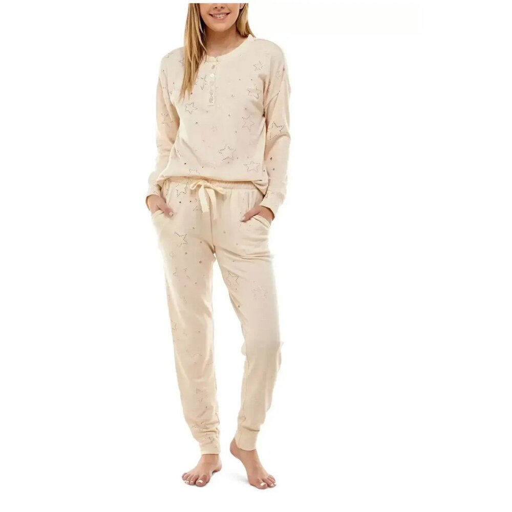 Roudelain Womens Long Sleeve Henley Top & Jogger Pajama Set Oatmeal Heather Gold